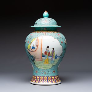 Two Chinese famille rose yellow-ground vases and a turquoise-ground vase, Qianlong and Jing De Zhen 景德鎮 marks, 20th C. — photo 10