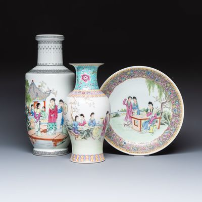 Two Chinese famille roses vases and a dish with figural design, 20th C.
