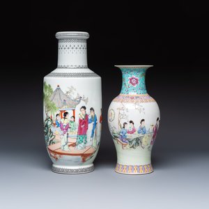 Two Chinese famille roses vases and a dish with figural design — photo 2