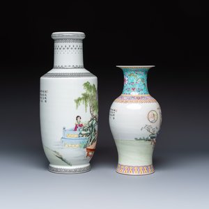 Two Chinese famille roses vases and a dish with figural design — photo 5