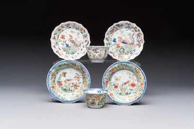 Two Chinese famille verte cups and four saucers, lingzhi and jade marks, Kangxi