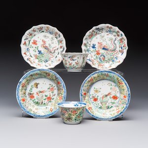 Two Chinese famille verte cups and four saucers, lingzhi and jade marks, Kangxi — foto 1