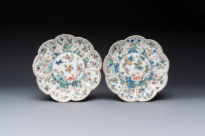 Two Chinese famille verte lotus-shaped plates, Johanneum mark, ex-collection of August the Strong, Kangxi