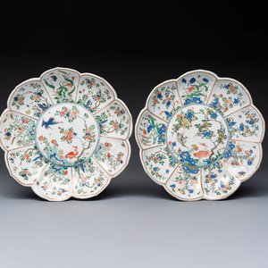 Two Chinese famille verte lotus-shaped plates, Johanneum mark, ex-collection of August the Strong, Kangxi — photo 1