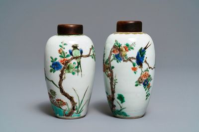Two Chinese famille verte vases with birds on blossoming branches, Kangxi