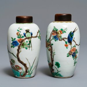 Two Chinese famille verte vases with birds on blossoming branches, Kangxi — 照片 1