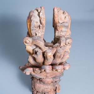 Two Chinese gilded and polychromed wooden colon fragments with Buddhist lions, 18/19th C. — 照片 7