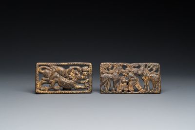 Two Chinese gilt bronze belt plaques, Xiongnu culture, Qin