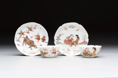 Two Chinese gilt-decorated export cups and saucers, Qianlong