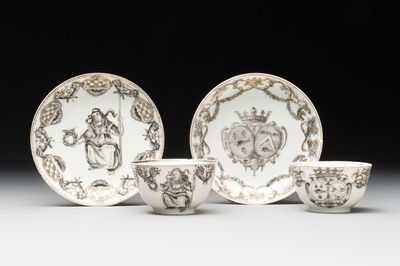 Two Chinese gilt-decorated grisaille cups and saucers for the European market, Qianlong