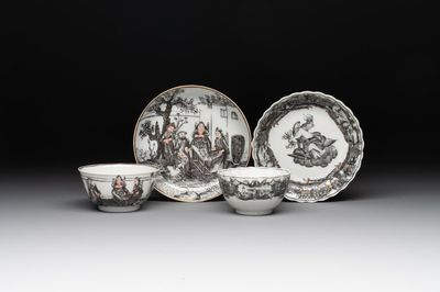 Two Chinese gilt-decorated grisaille 'European subject' cups and saucers, Qianlong