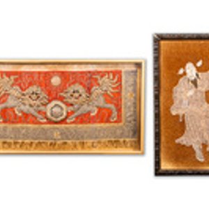 Two Chinese gold and silver-thread-embroidered silk panels with Buddhist lions and Guandi, 19th C. — photo 1