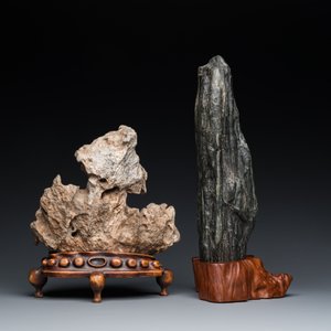 Two Chinese 'gongshi or 'scholar's rocks' on wooden stands, Ming or later — 照片 2