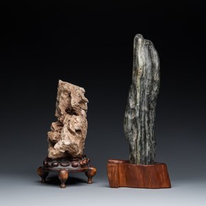 Two Chinese 'gongshi or 'scholar's rocks' on wooden stands, Ming or later — 照片 5