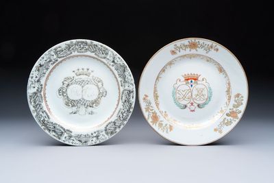 Two Chinese grisaille and famille rose gilt-decorated alliance monogram plates, Qianlong, one dated 1743
