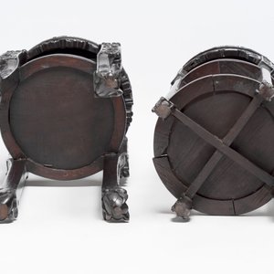 Two Chinese homgmu two-tier stands with marble top and a wooden square stand, 19/20th C. — 照片 11