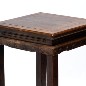 Two Chinese homgmu two-tier stands with marble top and a wooden square stand, 19/20th C. — 照片 19