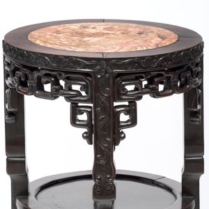 Two Chinese homgmu two-tier stands with marble top and a wooden square stand, 19/20th C. — 照片 9