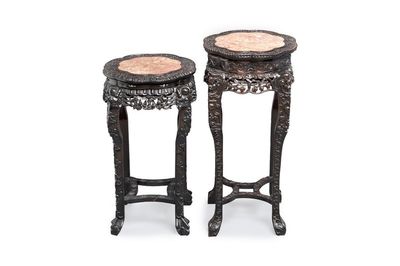 Two Chinese hongmu stands with marble top, Canton, 19th C.