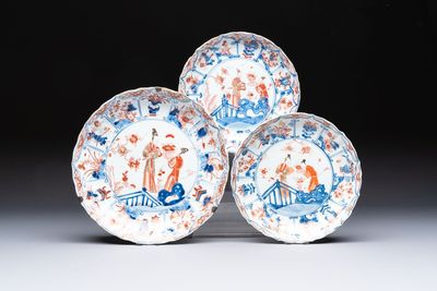 Two Chinese Imari-style plates and a dish with figural design, Kangxi