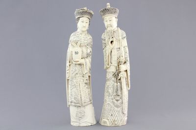 Two Chinese ivory carved figures of the emperor couple, ca. 1920
