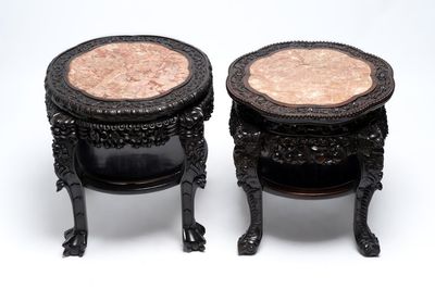Two Chinese marble-topped hongmu two-tier stands, 19/20th C.