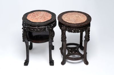 Two Chinese marble-topped hongmu two-tier stands, 19/20th C.