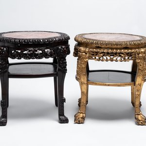 Two Chinese marble-topped hongmu two-tier stands, one with later gilding, 19/20th C. — 照片 2