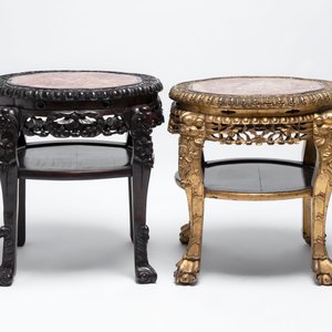 Two Chinese marble-topped hongmu two-tier stands, one with later gilding, 19/20th C. — 照片 4