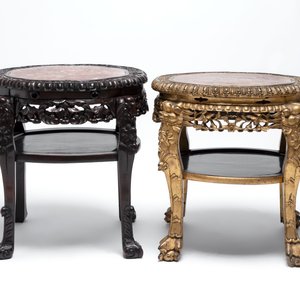 Two Chinese marble-topped hongmu two-tier stands, one with later gilding, 19/20th C. — 照片 5
