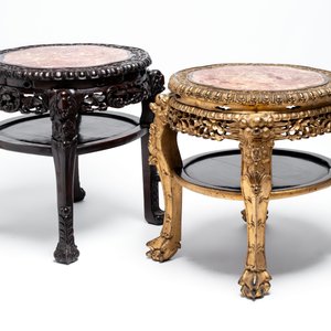 Two Chinese marble-topped hongmu two-tier stands, one with later gilding, 19/20th C. — 照片 6