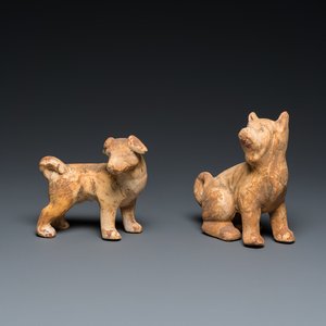 Two Chinese 'mingqi' painted pottery models of dogs, Han — photo 1