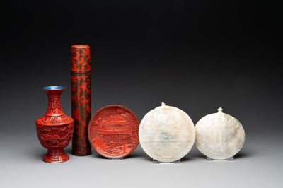 Two Chinese mother-of-pearl plaques, a cinnabar lacquer vase, a plate and a lacquer case, 19/20th C.