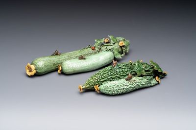 Two Chinese polychrome groups of cucumbers and bitter melons with insects, 19/20th C.
