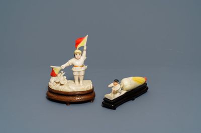 Two Chinese polychrome ivory groups with children at work, ca. 1940
