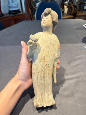 Two Chinese polychrome pottery figures and a female head, Tang — photo 1