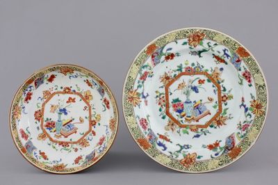 Two Chinese porcelain famille jaune plates, 18th C.
