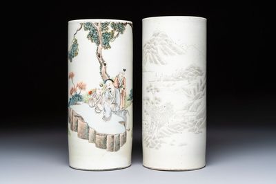 Two Chinese qianjiang cai and grisaille hat stands, signed Gao Hengtai 高恆泰 and Ye Ji 葉吉, one dated 1906, 19/20th C.