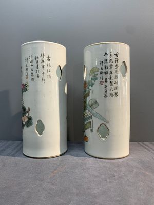 Two Chinese qianjiang cai 'antiquities' hat stands, signed Xu Pinheng 許品衡, Guangxu mark, dated 1892 and 1894 — photo 1
