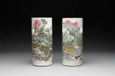 Two Chinese qianjiang cai 'antiquities' hat stands, signed Xu Pinheng 許品衡, Guangxu mark, dated 1892 and 1894