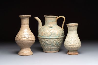 Two Chinese qingbai vases and an ewer with floral design, Song