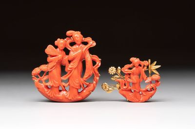 Two Chinese red coral 14kt gold-mounted brooches, 19/20th C.