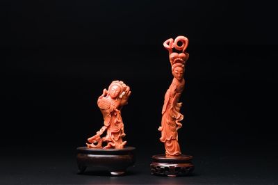 Two Chinese red coral figures of female deities, 19/20th C.