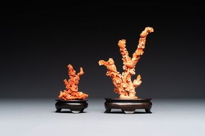 Two Chinese red coral groups of birds among flowers, 19/20th C.