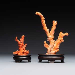Two Chinese red coral groups of birds among flowers, 19/20th C. — 照片 3