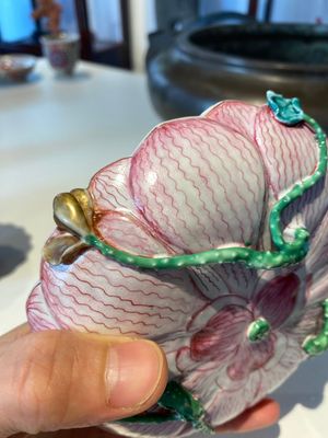 Two Chinese relief-decorated famille rose 'lotus' cups and saucers and two jugs, Yongzheng — photo 53