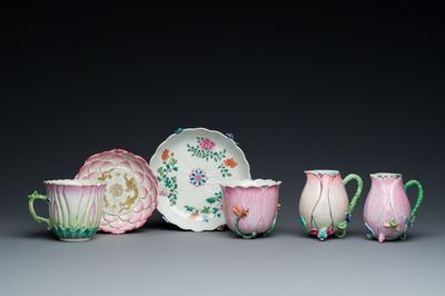 Two Chinese relief-decorated famille rose 'lotus' cups and saucers and two jugs, Yongzheng