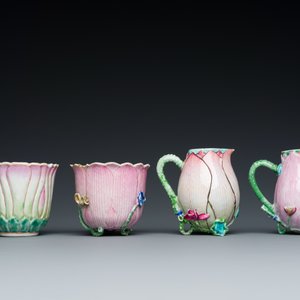 Two Chinese relief-decorated famille rose 'lotus' cups and saucers and two jugs, Yongzheng — photo 6
