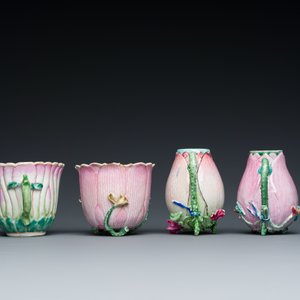Two Chinese relief-decorated famille rose 'lotus' cups and saucers and two jugs, Yongzheng — photo 8