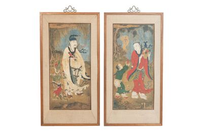 Two Chinese schools: 'Lan Caihe 蓝采和' and 'Lu Dongbin 吕洞宾', ink and colour on silk, 19th C.